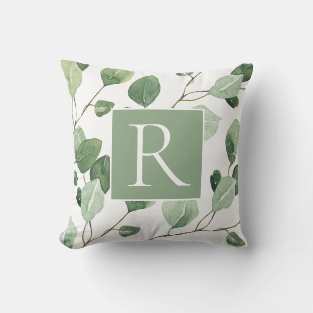 Elegant Sage Green Monogram Leaves Cushion (Front)