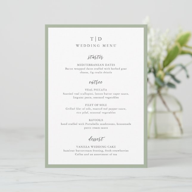 Elegant Sage Green Monogram Modern Wedding Menu (Standing Front)