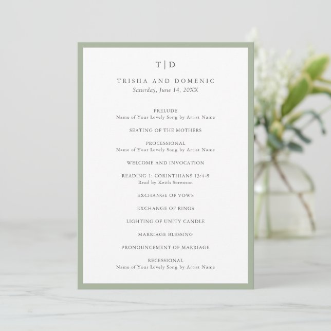 Elegant Sage Green Monogram Modern Wedding Programme (Standing Front)