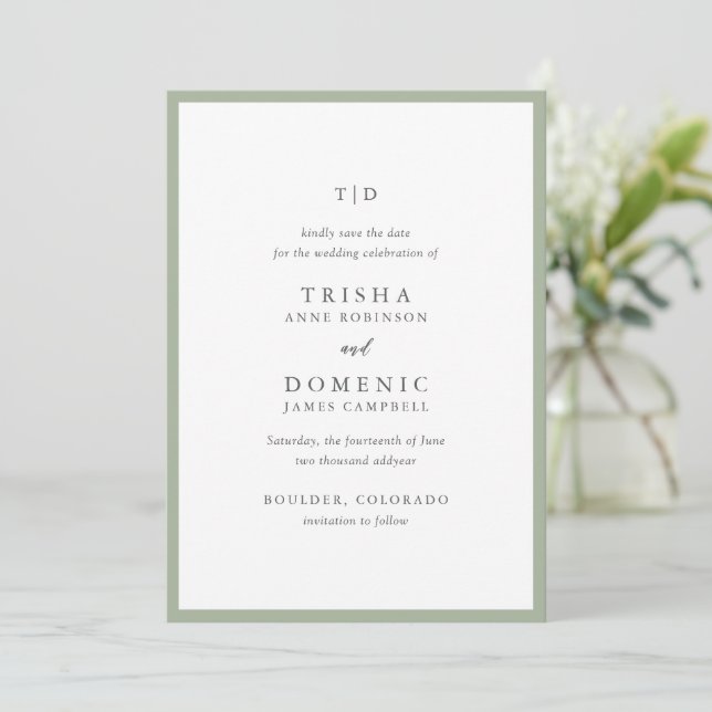 Elegant Sage Green Monogram Modern Wedding Save The Date (Standing Front)
