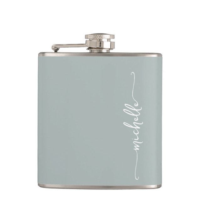 Elegant Sage Green Monogram Name Script Hip Flask (Front)