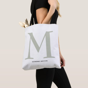 Elegant Sage Green Monogram Name Tote Bag