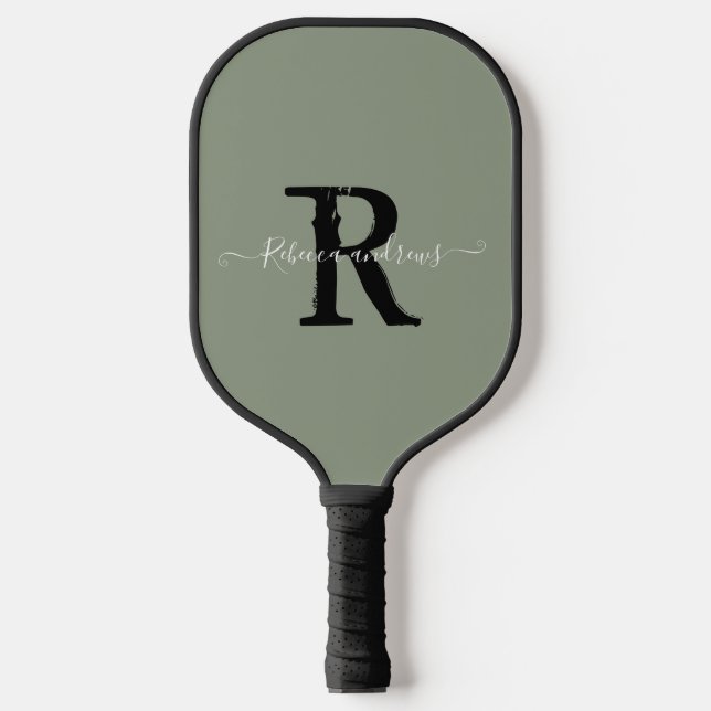 Elegant Sage Green Monogram Script Initial Name Pickleball Paddle (Front)