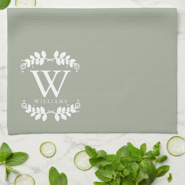 Elegant Sage Green Monogram Tea Towel (Folded)
