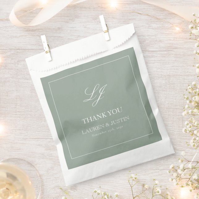 Elegant Sage Green Monogram Thank You Wedding Favour Bags (Clipped)
