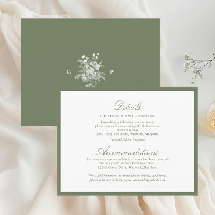 Elegant Sage Green Monogram Wedding Details Enclosure Card