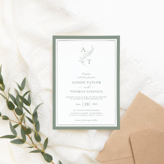 Elegant Sage Green Monogram Wedding Frame Invitation