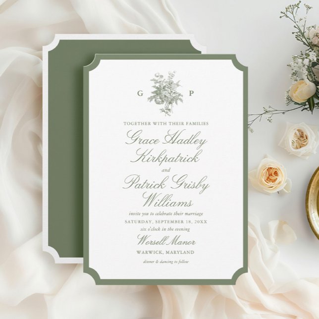Elegant Sage Green Monogram Wedding Invitation (Creator Uploaded)