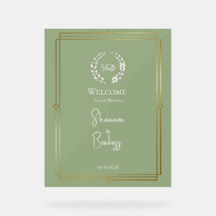 Elegant Sage Green Monogram Wedding Welcome Acrylic Sign