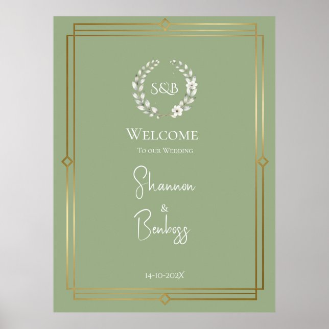Elegant Sage Green Monogram Wedding Welcome Poster (Front)
