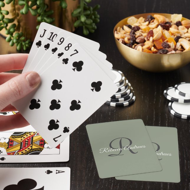 Elegant Sage Green Name Initials Monogram Playing Cards (In Situ)