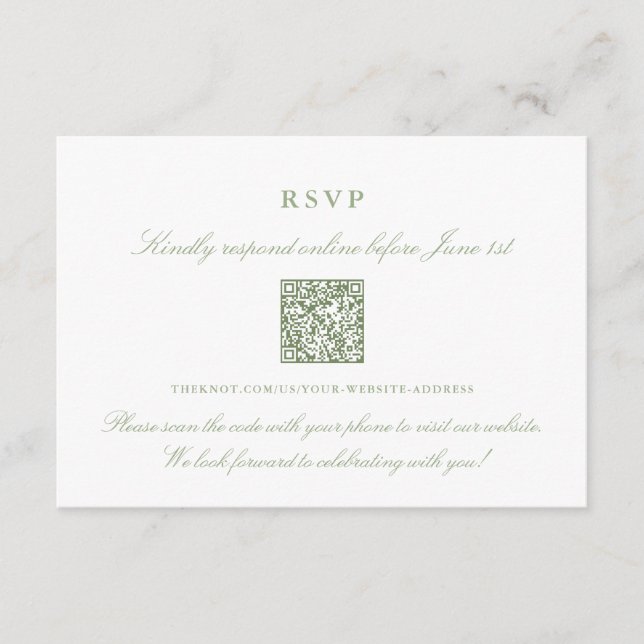 Elegant Sage Green Online RSVP QR Code Enclosure Card (Front)