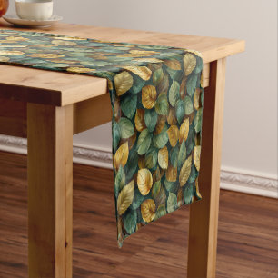 Elegant sage green orange yellow brown fall leaves short table runner