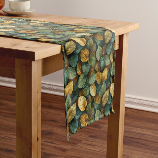 Elegant sage green orange yellow brown fall leaves short table runner (In Situ)