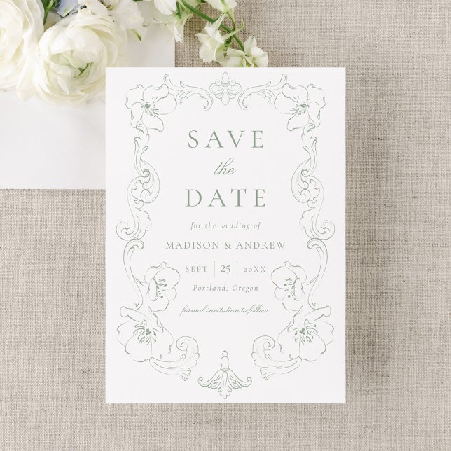 Elegant Sage Green Ornate Floral Frame Wedding Save The Date (Creator Uploaded)