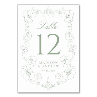 Elegant Sage Green Ornate Floral Frame Wedding Table Number