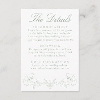 Elegant Sage Green Ornate Floral Wedding Details Enclosure Card