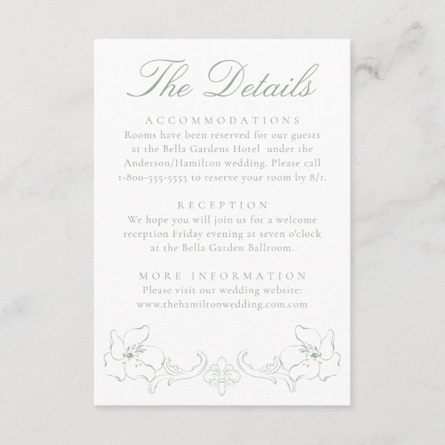 Elegant Sage Green Ornate Floral Wedding Details Enclosure Card (Front)