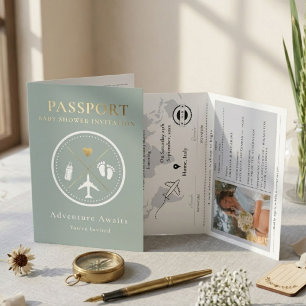 Elegant Sage Green Passport Photo Boy Baby Shower Invitation