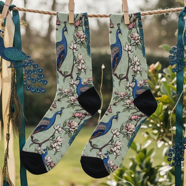 Elegant Sage Green Peacocks and Magnolia Flowers Socks (Elegant Sage Floral Blue Peacock Socks for Her. Teal Feathers & Flowers Vintage Chinoiserie Pattern)