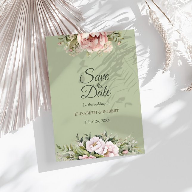 Elegant Sage Green Peony Floral Save the Date Card (Elegant Sage Green Peony Floral Save the Date Card on a sunny table with dry white botanicals)