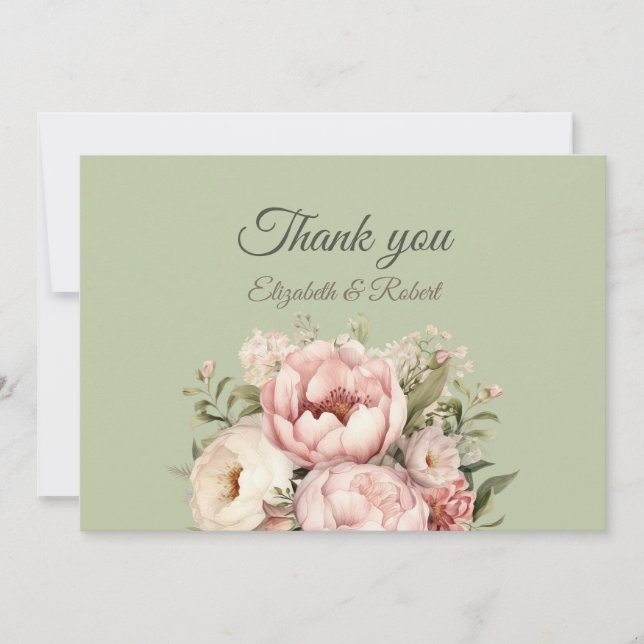 Elegant Sage Green Peony Floral Thank You Card (Front)