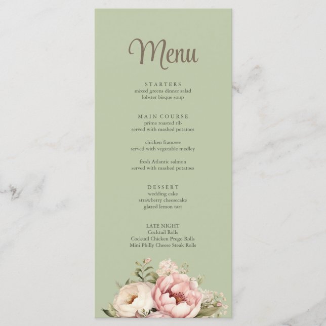 Elegant Sage Green Peony Floral Wedding Menu (Front)