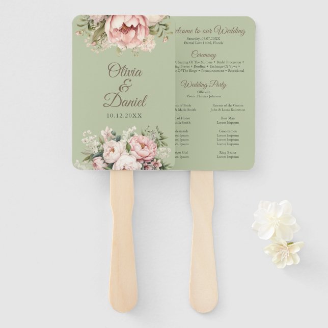Elegant Sage Green Peony Floral Wedding Program Hand Fan (Front and Back)