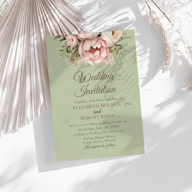 Elegant Sage Green Peony Wedding Invitation (Elegant Sage Green Peony Wedding Invitation on a sunny table with dry white botanicals)