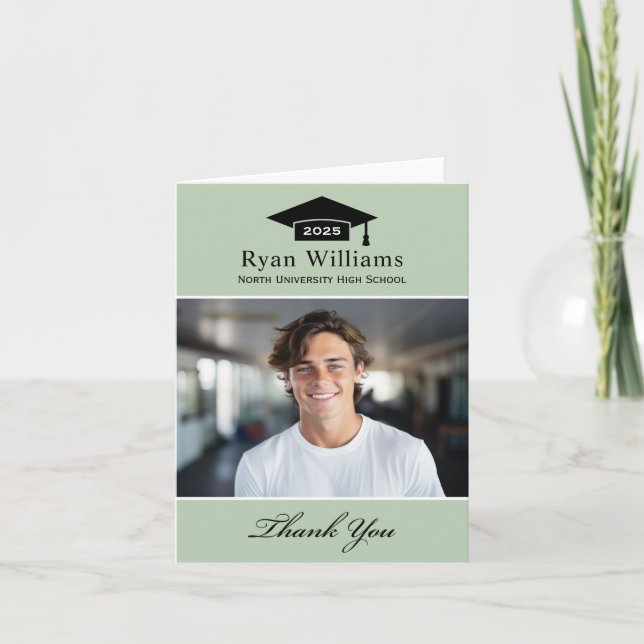 Elegant Sage Green Personalised Graduation Photo Thank You Card (Front)