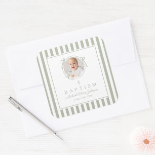 Elegant Sage Green Photo Baptism Square Sticker
