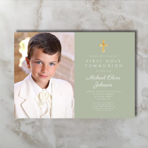 Elegant Sage Green Photo Boy First Communion Invitation