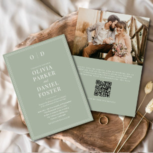 Elegant Sage Green Photo QR Code Wedding Invitation