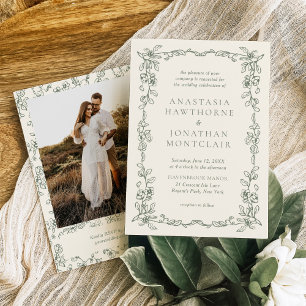 Elegant Sage Green Photo Victorian Vintage Wedding Invitation