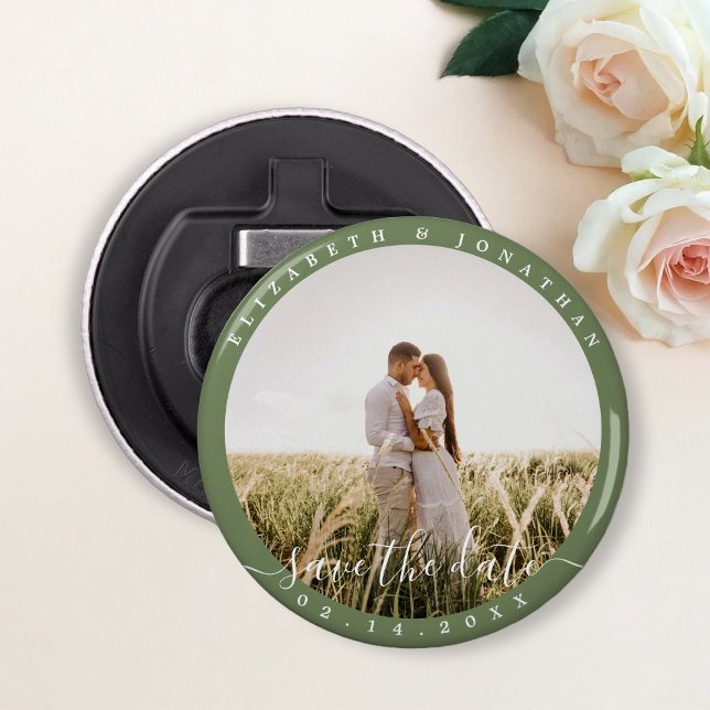 Elegant Sage Green Photo Wedding Save The Date Bottle Opener (Creator Uploaded)