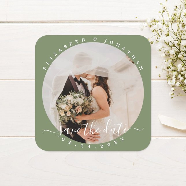 Elegant Sage Green Photo Wedding Save The Date Square Sticker (Creator Uploaded)