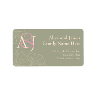 Elegant Sage Green & Pink Ginkgo Newly Wed Address Label