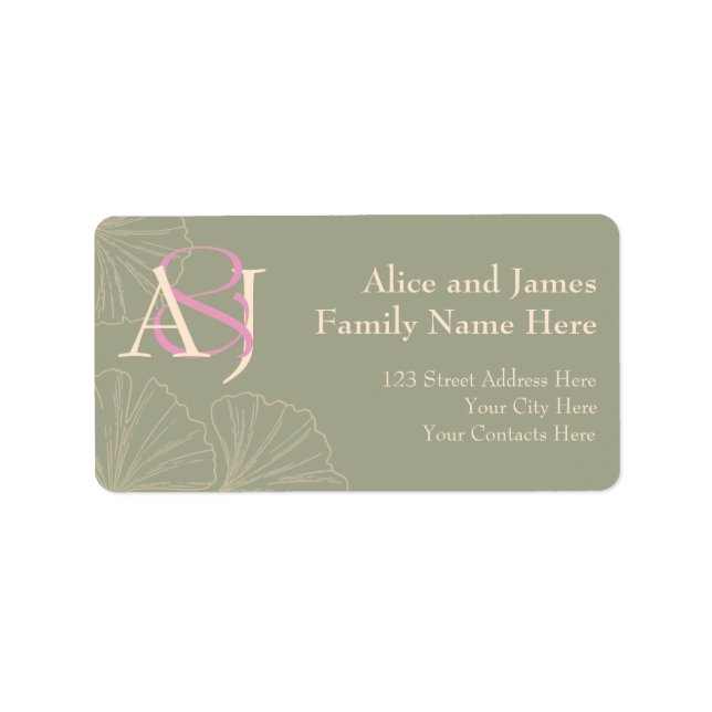 Elegant Sage Green & Pink Ginkgo Newly Wed Address Label (Front)