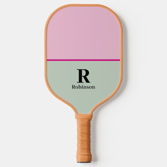 Elegant Sage Green & Pink Monogram Modern Script Pickleball Paddle (Front)