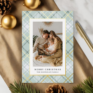 Elegant Sage Green Plaid Family Picture Foil Holiday Card