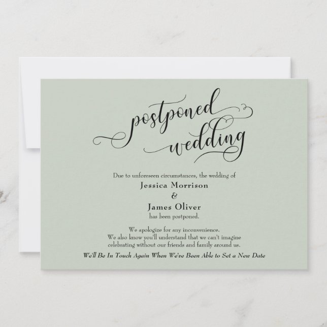Elegant Sage Green Postponed Wedding Update Card (Front)