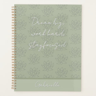 Elegant Sage Green Pretty Floral Lotus Dream Big Planner