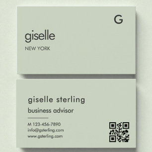 Elegant Sage Green QR Code Minimalist Monogram  Business Card