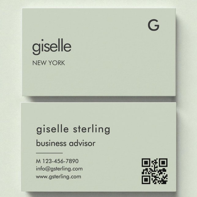 Elegant Sage Green QR Code Minimalist Monogram  Business Card (Creator Uploaded)