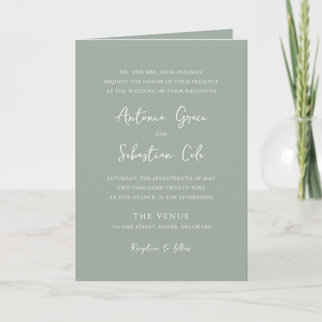 Elegant Sage Green QR Code Modern Wedding Invitation (Front)
