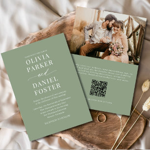 Elegant Sage Green QR Code Photo Wedding Invitation