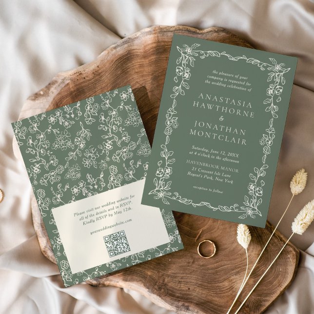 Elegant Sage Green QR Code RSVP Victorian Wedding Invitation (Creator Uploaded)