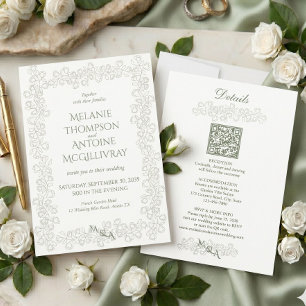 Elegant Sage Green QR Code RSVP Vintage Wedding Invitation