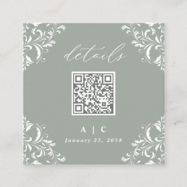 Elegant Sage Green QR Code Wedding Details Enclosure Card (Front)