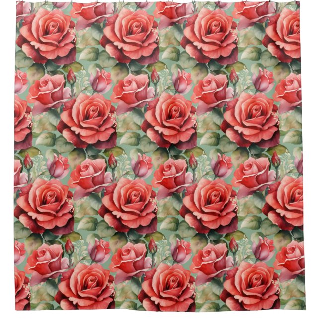 Elegant Sage Green Red Roses Shower Curtain (Front)